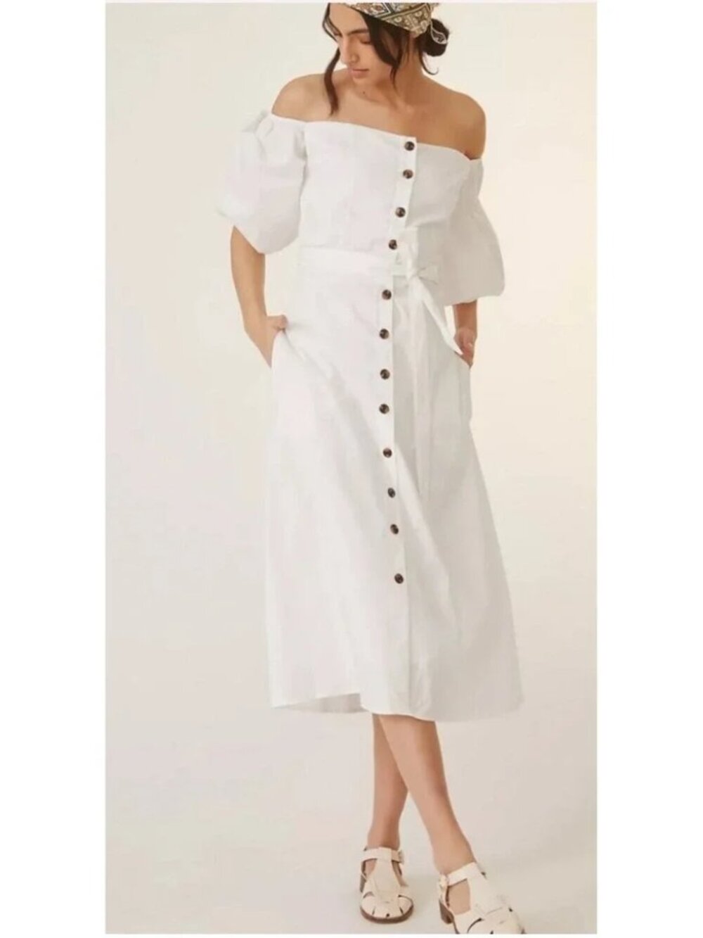 Blue Tassel | Anthropologie White Poplin Off-Shoulder Dress L NWT **Minor Flaw**